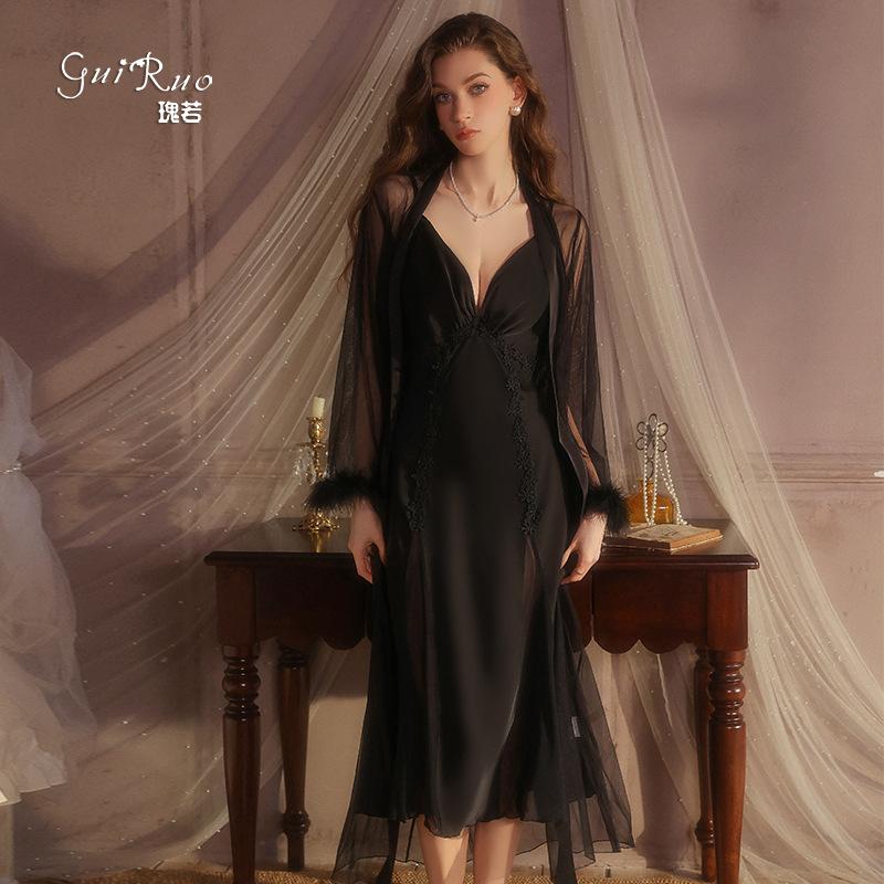 Women's Silky Sheer Mesh Deep V Low Cut Sleep Dress with Robe Lounge Set