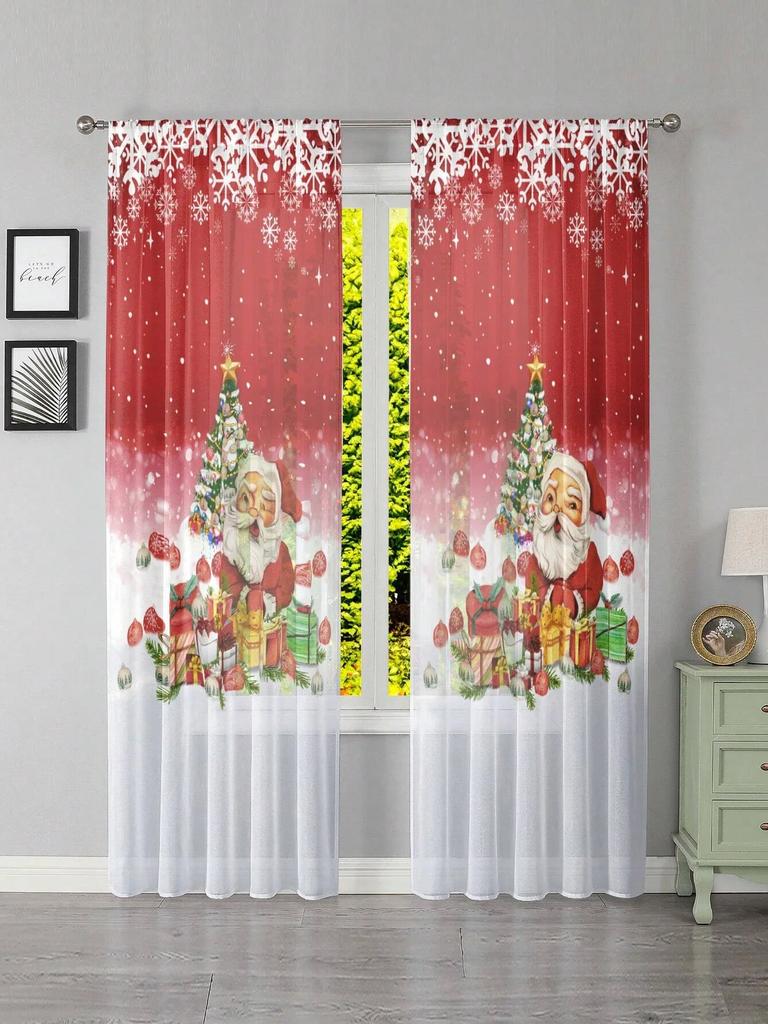 Christmas Santa Claus Curtains Set Polyester Festive Red Bedroom Doorway Drapes, Landscape and Flowers Design for New Year Decor