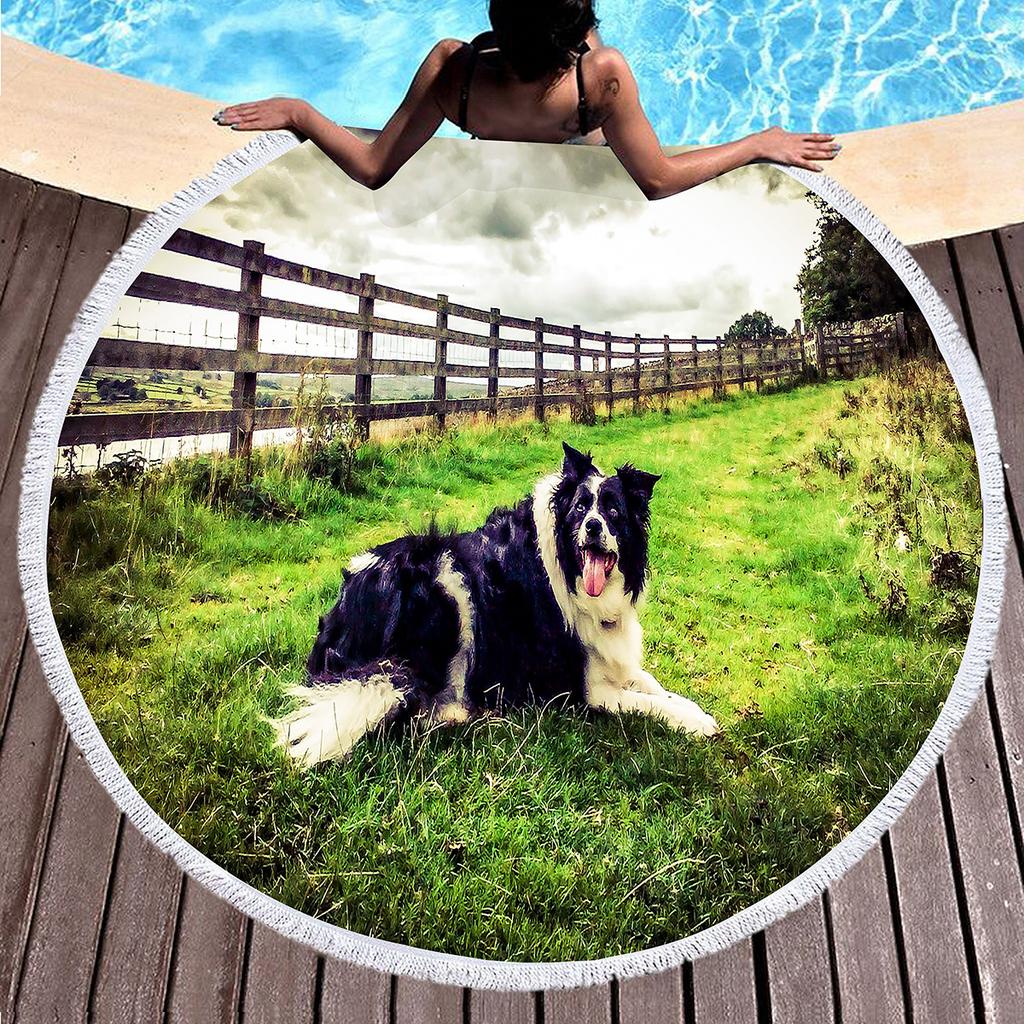 Cute Pet Dog Border Collie Round Beach Towel,Sand Free Beach Blanket Picnic Mat for Bathroom Pool Surf Travel Outdoor Meditation