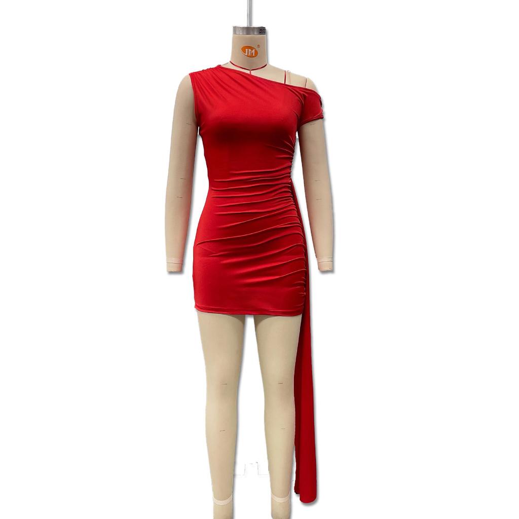 2025 One-Shoulder Ruffled Bodycon Dress: European & American Summer Style