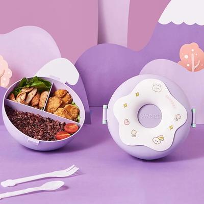 Cartoon Bento Lunch Box for Kids Student Snack Box Donut Leakproof Lunch Fruit Container with Fork Spoon 3 Compartment Microwave