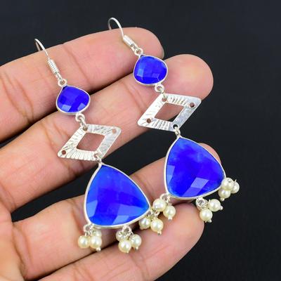 925 Sterling Silber Blauer Saphirstein Handgefertigt Neue Hängeohrringe für Tochter