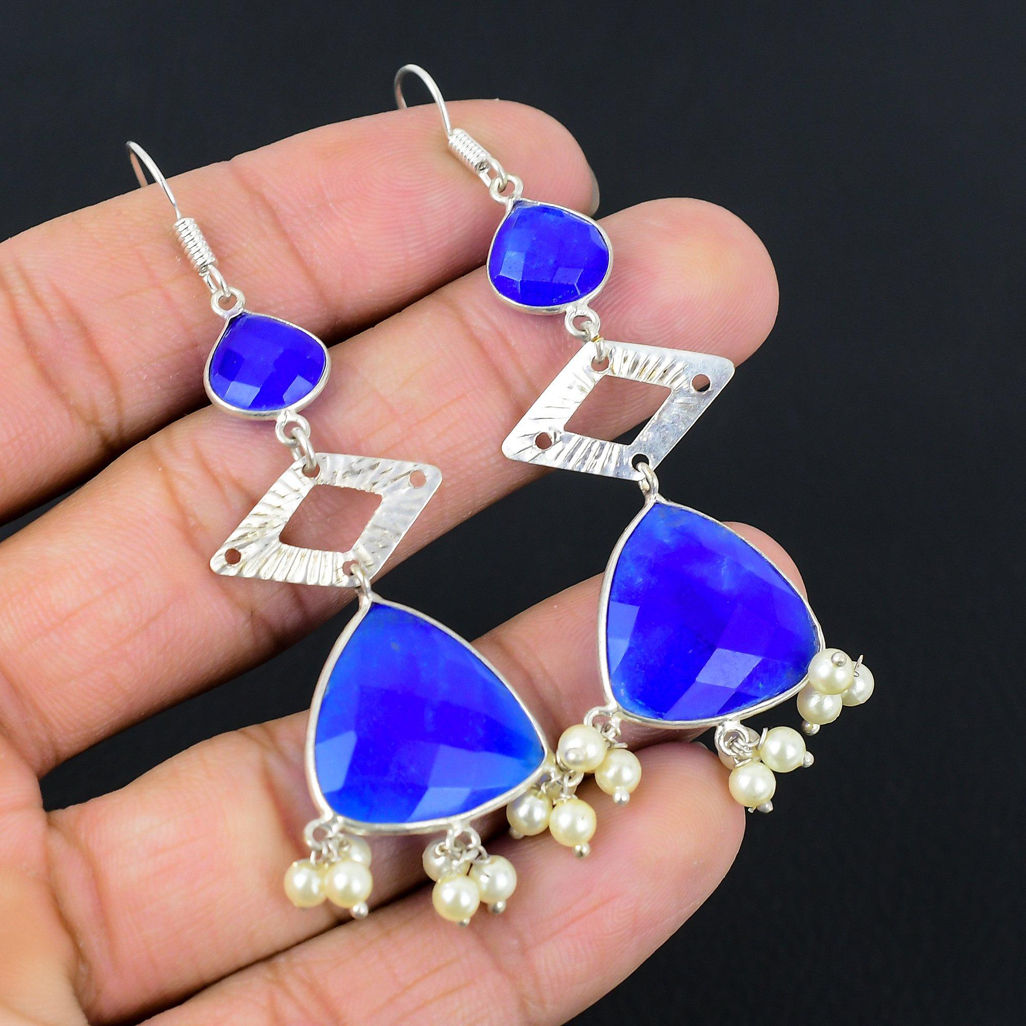 

925 Sterling Silver Blue Sapphire Stone Handcrafted New Dangle Daughter Earrings