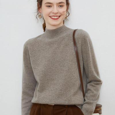 Herbst und Winter Damenpullover Halbhoher Ausschnitt 100 % reiner Wollpullover Lose dünner Pullover Einfarbiges Langarm-Bottom-Shirt