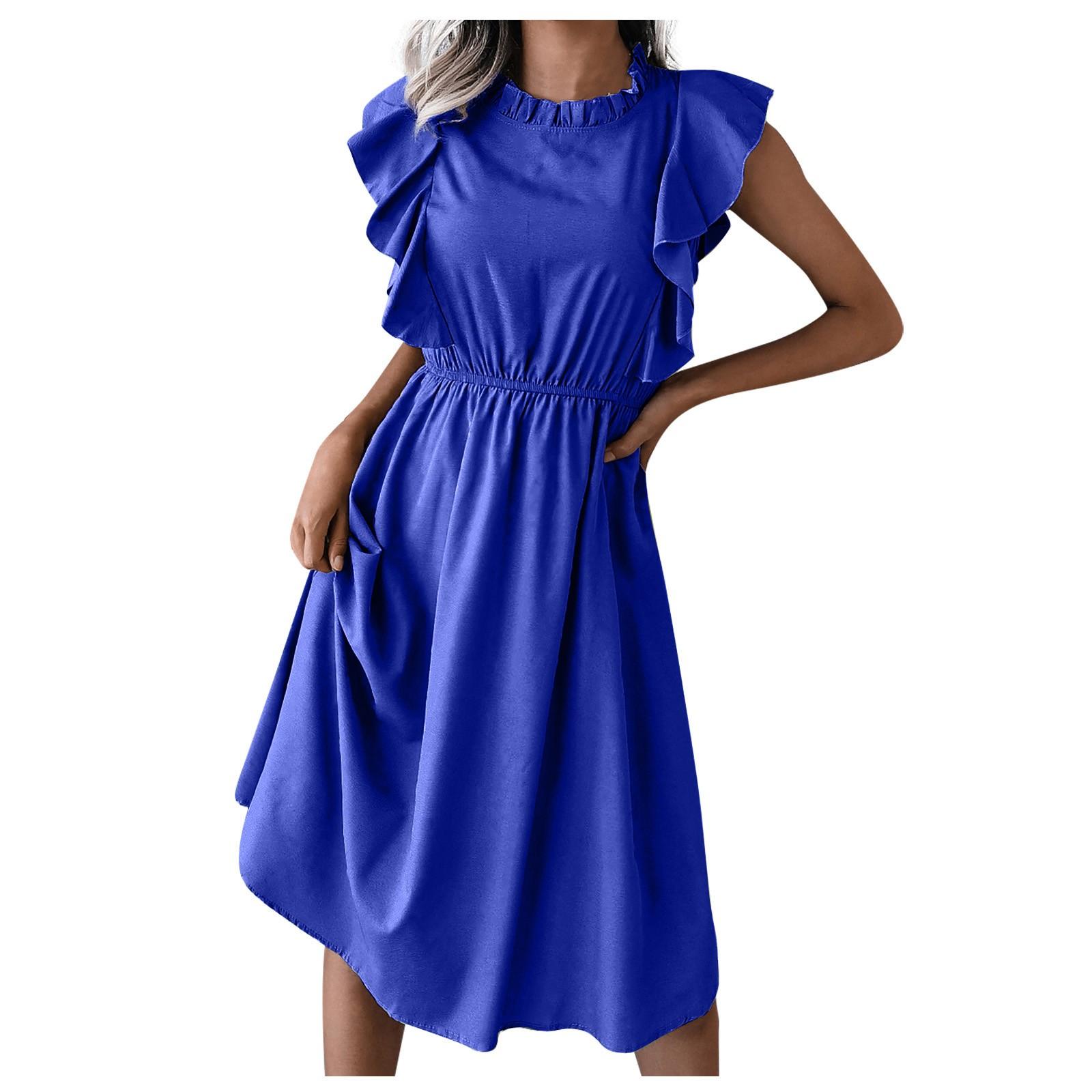 Women s Summer Casual Ruffle Short-Sleeved Waist-Skimming Color Dress S синий