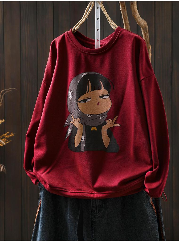 Damen Hoodie mit künstlerischem Cartoon-Print - Frühling/Herbst Lässig Rundhals Langarm