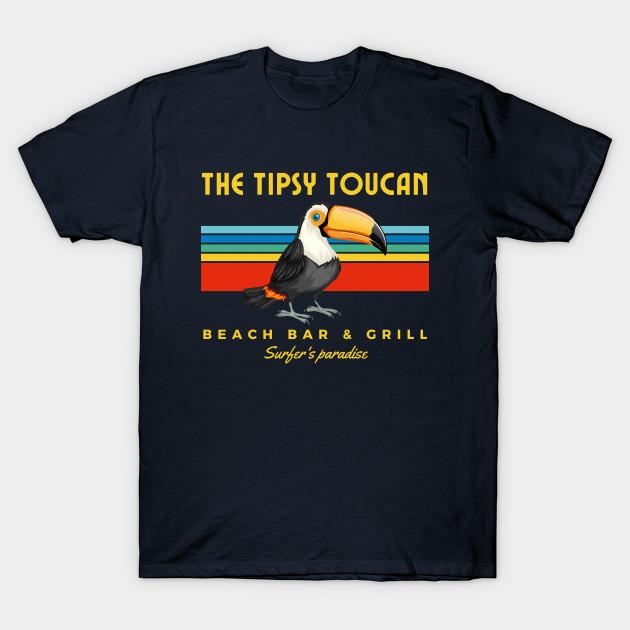 Men Black Print T-shirt Tipsy Toucan, Retro Beach Bar And Grill Dive And Surf No-Cut Transfer Paper Print Cotton Tshirt S