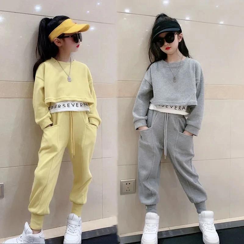 Teenager Gray Girls Sport Suit Spring Clothes Long Sleeve Top Sweatshirt Hooded & Pants Casual 6 7 8 9 10 11 12 Years Child