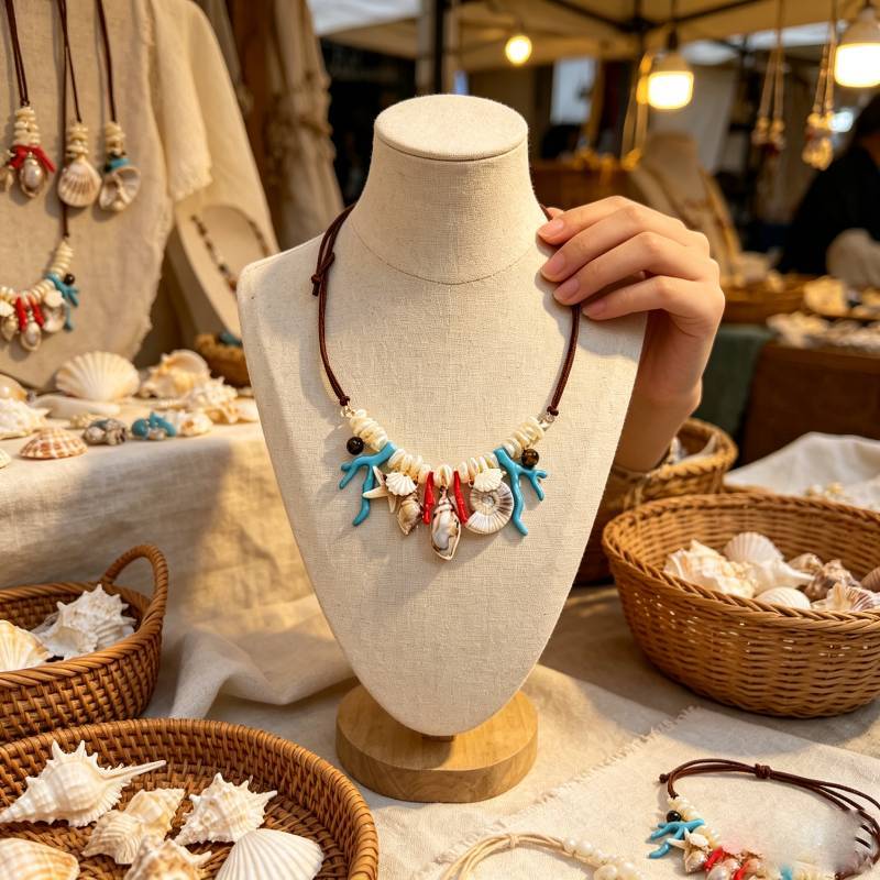 Summer Shell Necklace For Women With Handcrafted Coral And Shell Design For Beach Vacation