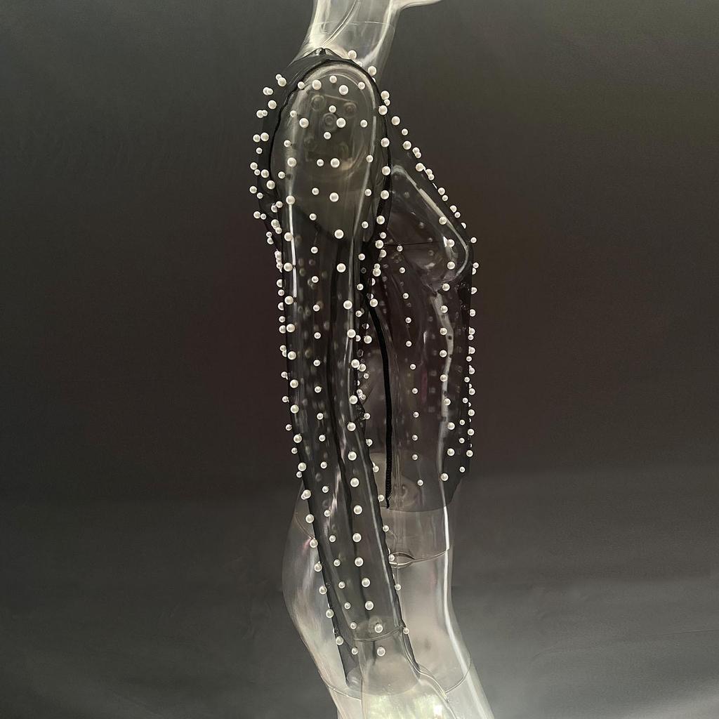 2023 Heiß verkaufendes Damen transparentes Netz-Langarmtop mit Perlenblasen für Frühling/Sommer