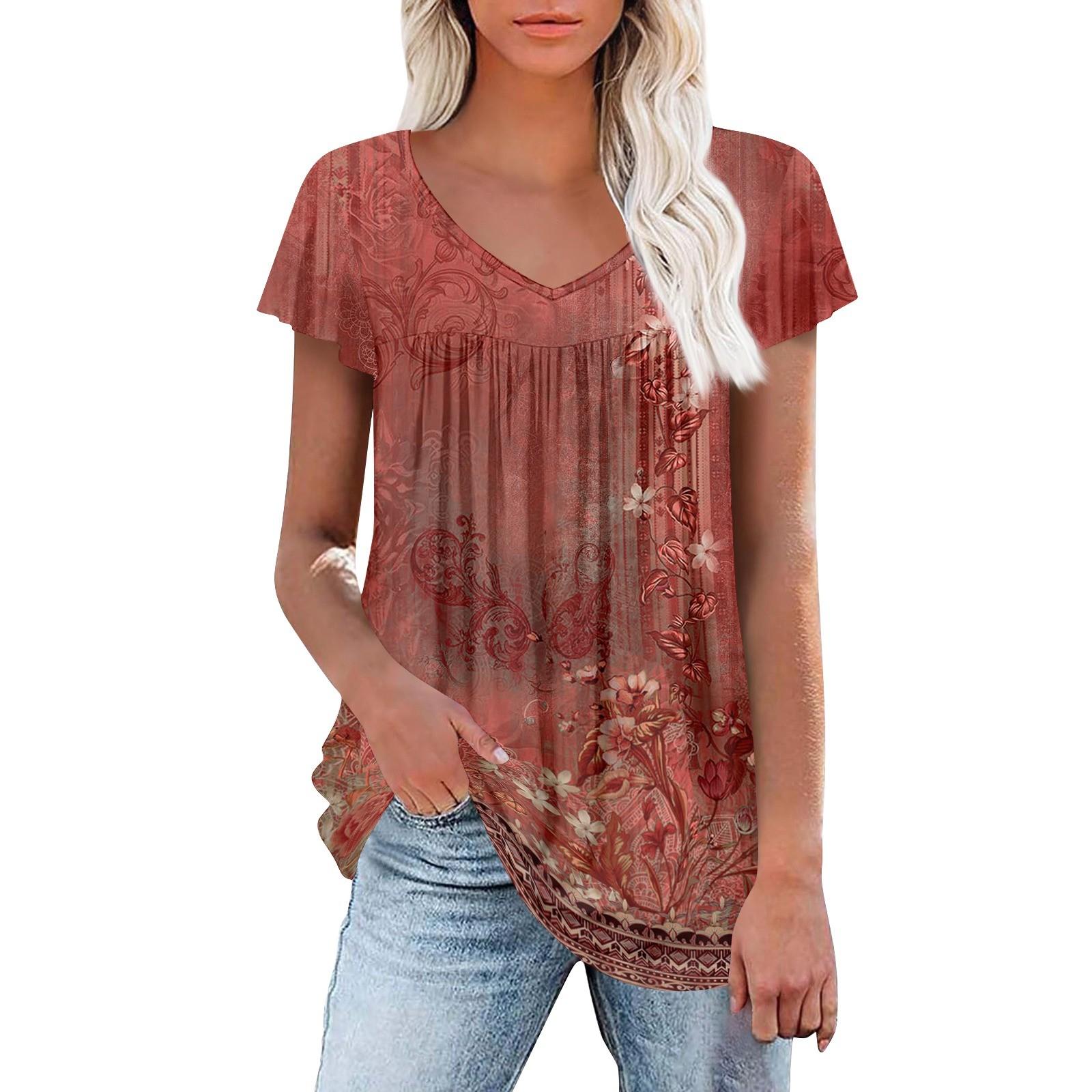 

Женские туники, элегантные повседневные летние рубашки с коротким рукавом, цветочные свободные плиссированные топы в стиле бохо XL красный