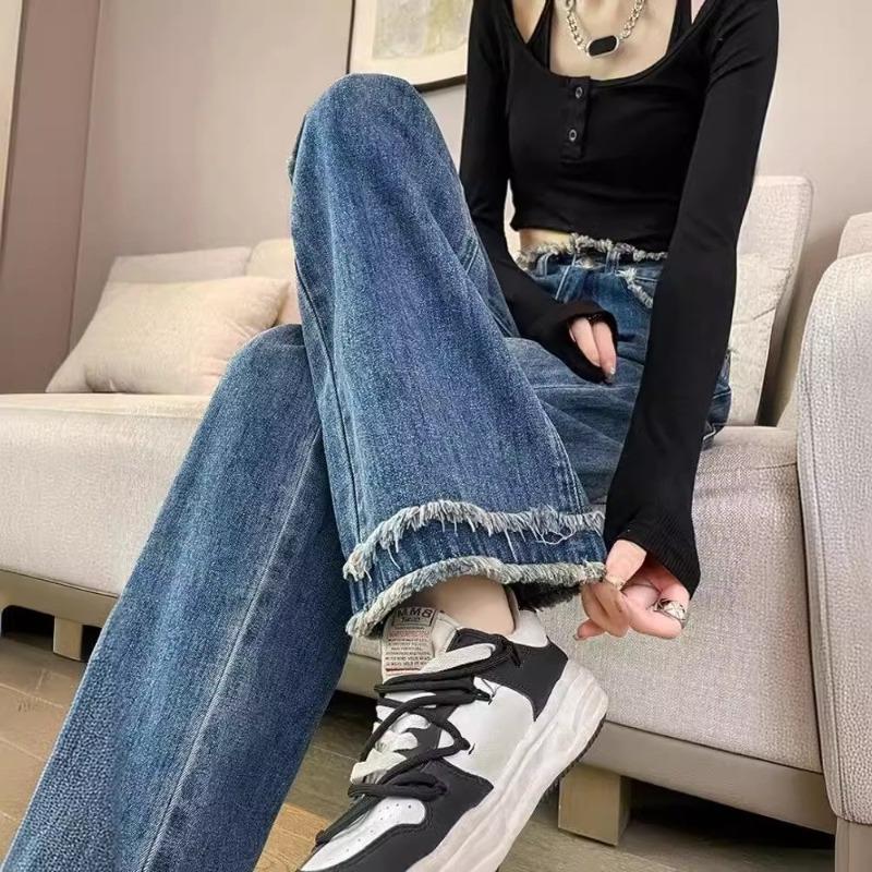 Retro Tassel Wide-leg Jeans Women's Autumn and Winter New High-waisted Loose and Thin Straight-leg Pants Spice Girl Fried Street Long Pants