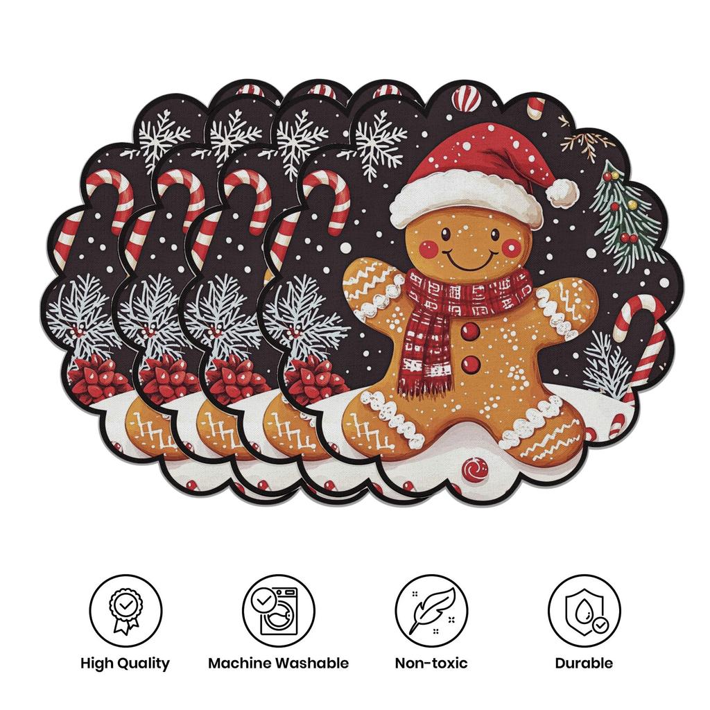 4pcs Winter Gingerbread Pattern Man Placemats Round Non-Slip Table Mats Heat-Resistant Winter Dining Christmas Party Decoration