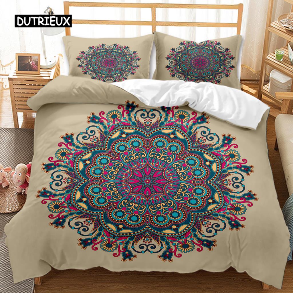 Bohemian Style Mandala Bed Cover Queen Size Size Tie Dye Spiral Bed Cover Hippie Boho Bed Ensemble Exotic Floral Premium Polyester Qulit Cover