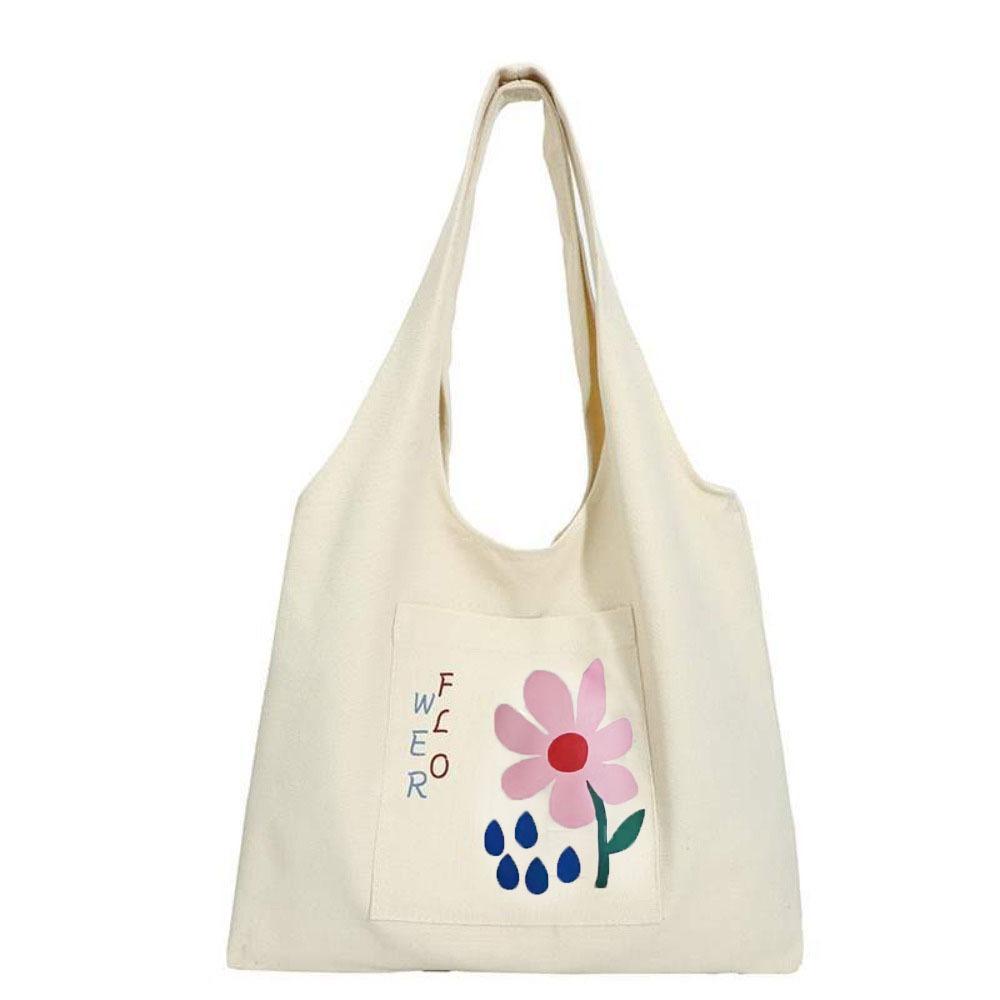 Korean Style Canvas Shoulder Bag Large Capacity Women's Armpit Bag Cute Flower Tote Bag Girls