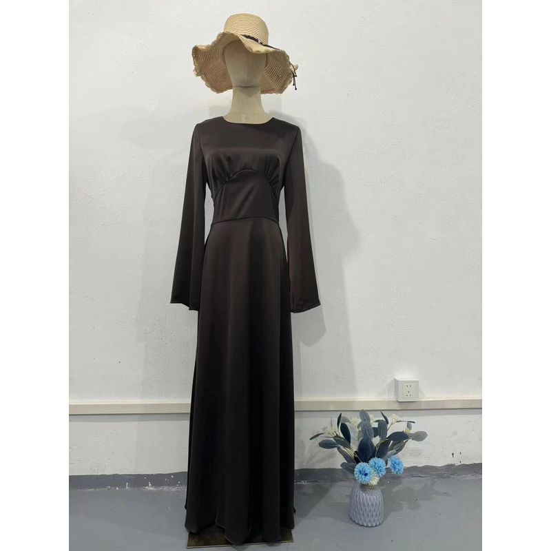 

European and American New Strap Waist Hugging Solid Long sleeve Temperament Dress Lace up round Neck Dress Brown L