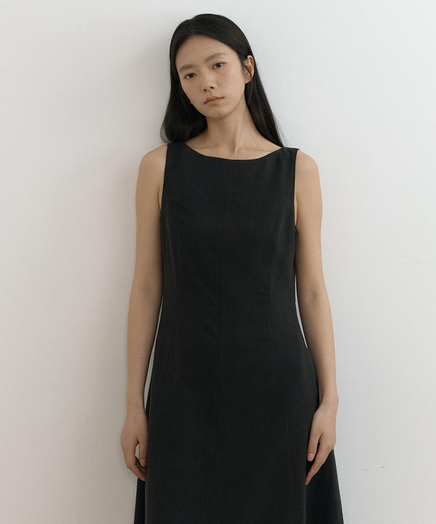Lingseoul Linen Sleeveless Boat Neck Long Flare Dress-Black