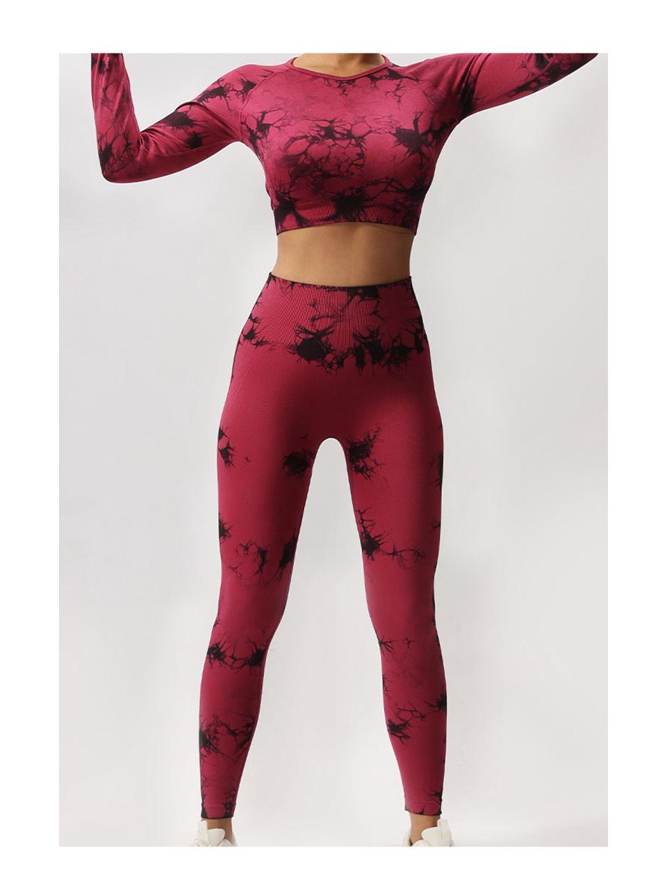 

Европейский и американский бесшовный фитнес-набор для йоги с принтом тай-дай: Топ с длинным рукавом и леггинсы с высокой талией Large вино красного