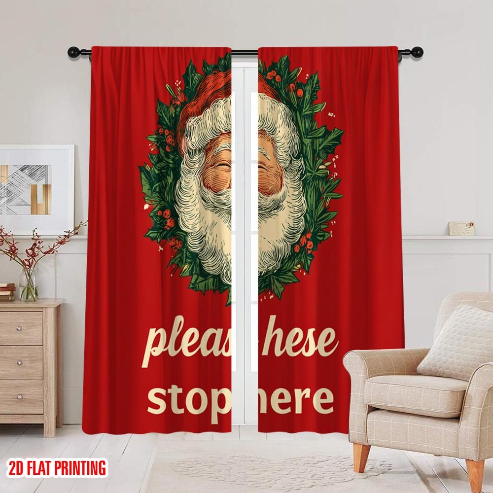 2pcs,2D Plane Printing Curtains Santa Please Stop Here Versatile Fabric (without Rod) Holiday Use for Bedroom, Living Room