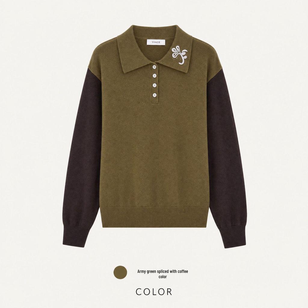 MU Women's Color Block Polo Neck Embroidery Knit Sweater - Long Sleeve, Autumn/Winter, Simple & Elegant.