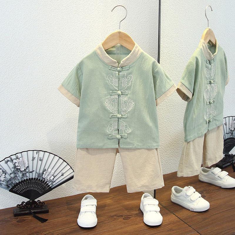 Completo Estivo da Ragazzo a Maniche Corte Stile Cinese per Bambini Hanbok Bello Completo Tang Cotone Lino Sezione Sottile di Abbigliamento Antico
