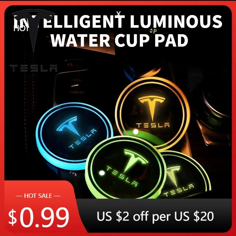 Car Sticker Tesla 2pcs Luminous Car Cup Coaster Holder Car Led Atmosphere Light For Tesla Model 3 Roadster Y Bonina Juguete Cybe