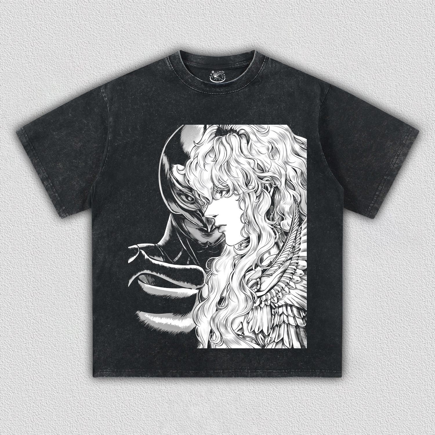 Berserk Griffith Print T-Shirt Herren Damen Gewaschen Übergroß Y2k Streetwear Harajuku Sommer Kurzarm Baumwolle Damen Herren Kleidung XXL weiß
