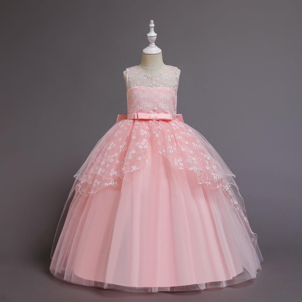 European & American Girls' Lace Flower Princess Dress with Bow & Small Train