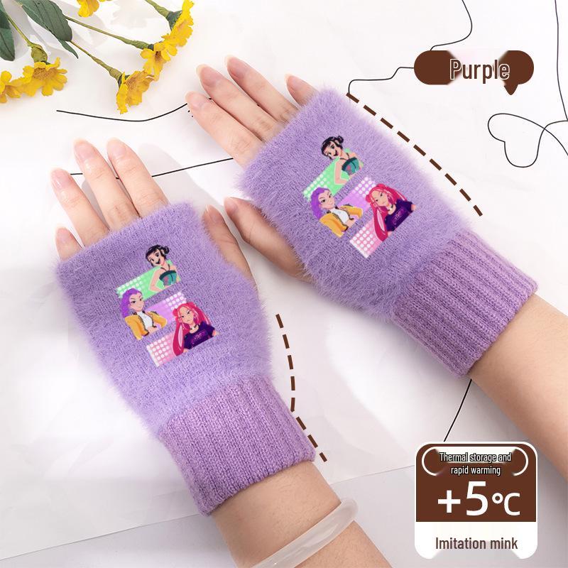 Kpop Women's Fingerless Knitted Gloves - Versatile Warm Plush Autumn/Winter Half-Finger Hand Socks, Solid Color for Students.