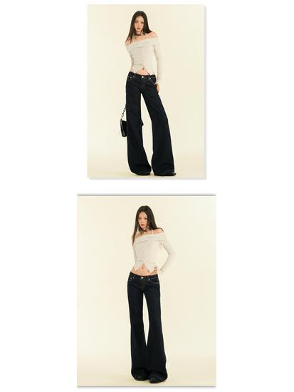 Women's Original Blue Micro-Flare Low-Rise Jeans, Autumn/Winter 2024: Trendy Slimming Wide-Leg Style