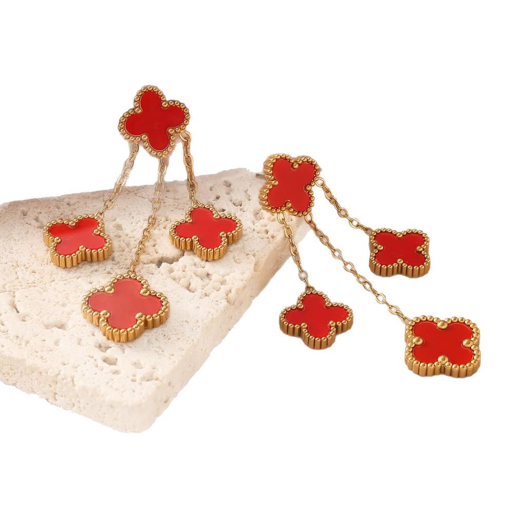 13mm Four-Leaf Clover Tassel Earrings Light Luxury Fashion Fresh Sweet Ladies Earrings