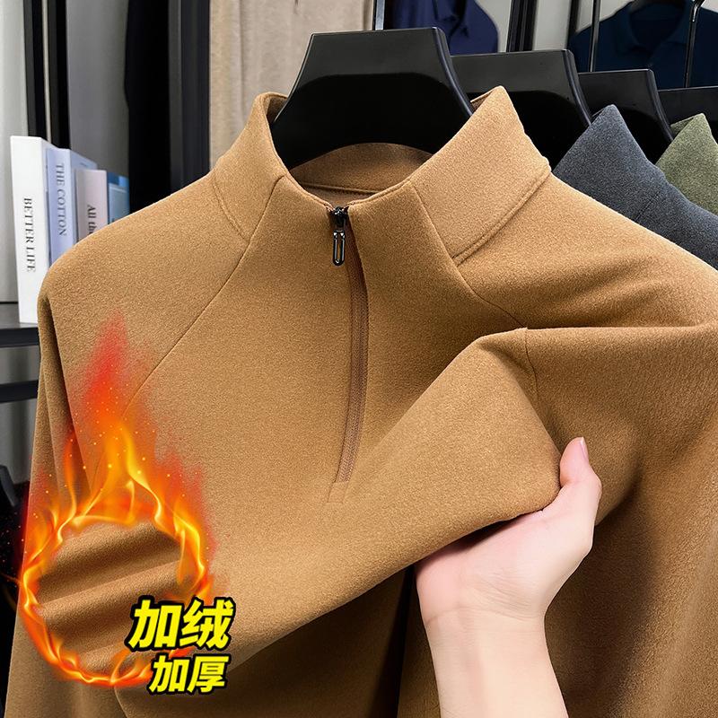 Men S Fleece Lined Stand Collar Half Zip Solid Color Casual Winter Sweatshirt