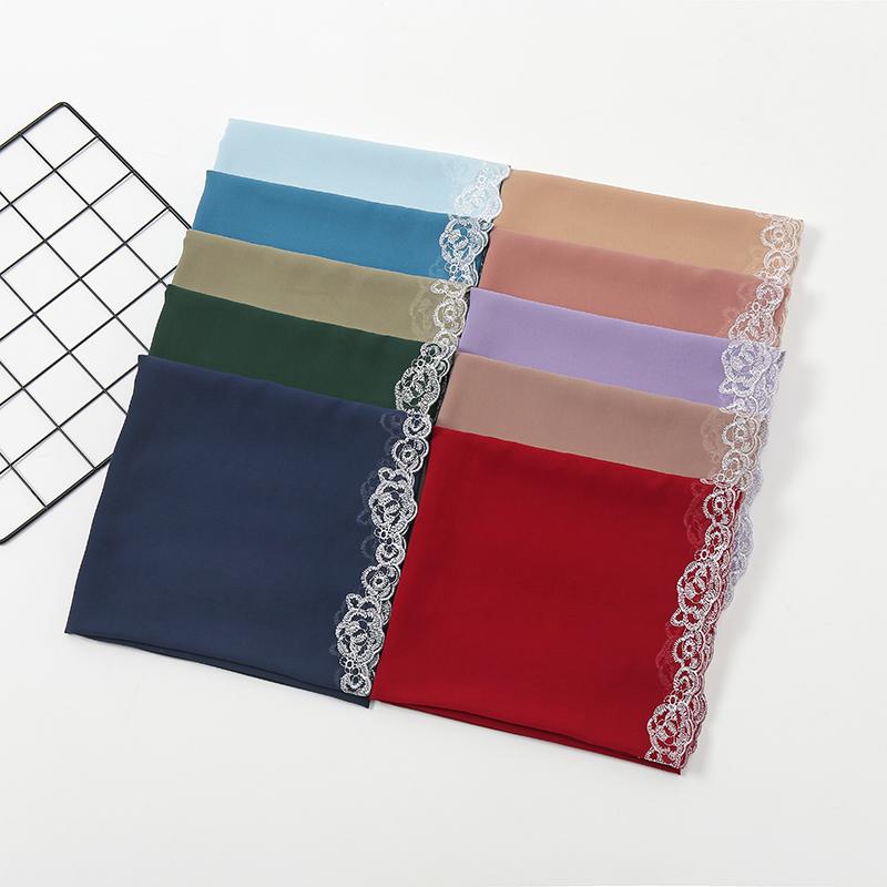 Einfacher Spitzenschal Bubble Chiffon Hijabs für Frauen Einfarbige Bestickte Schals Chiffon Muslimischer Frauenschleier Eid Abaya Frau Turban