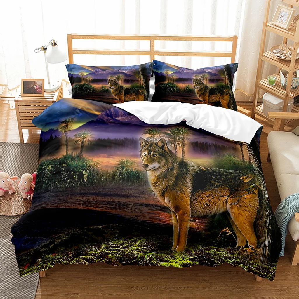 Boys Wolf Duvet Cover Set Queen Size, Boho Wolf Wildlife Forest King Animal Bedding Set Polyester Quilt Cover With Pillowcase