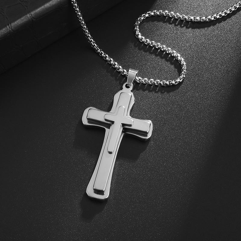 European and American Titanium Steel Mens Cross Necklace Pendant Three Dimensional Three Layer Necklace Decoration
