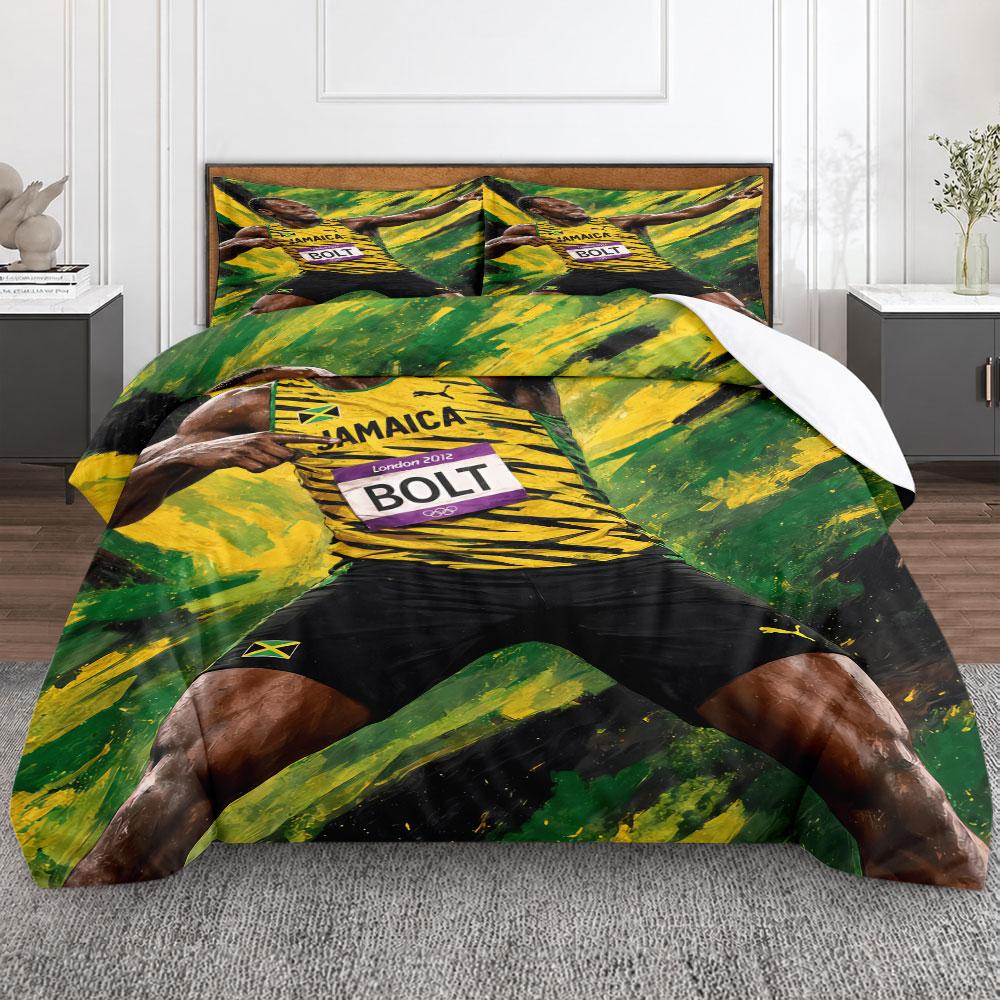 Bohemian Usain Bolt Sprinter Art Green Duvet Cover Set, Cozy Duvet Cover Set for King Size Bed, Cooling Duvet Cover for Warm Nights