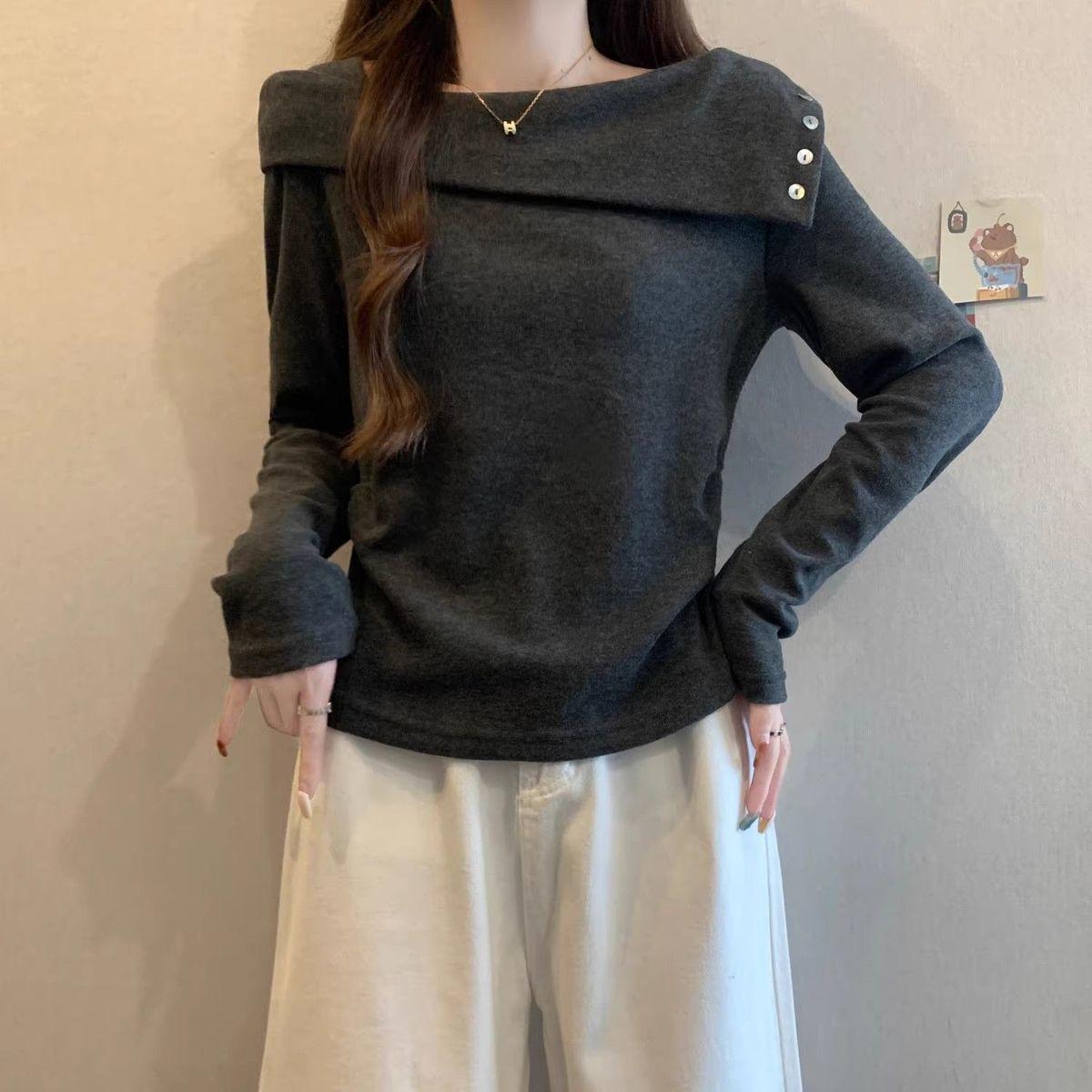 

Women s Plus Size Striped Long-Sleeve One-Shoulder T-Shirt - Stylish Slimming Autumn/Winter Top XL (Recommended: 121-140 jin)