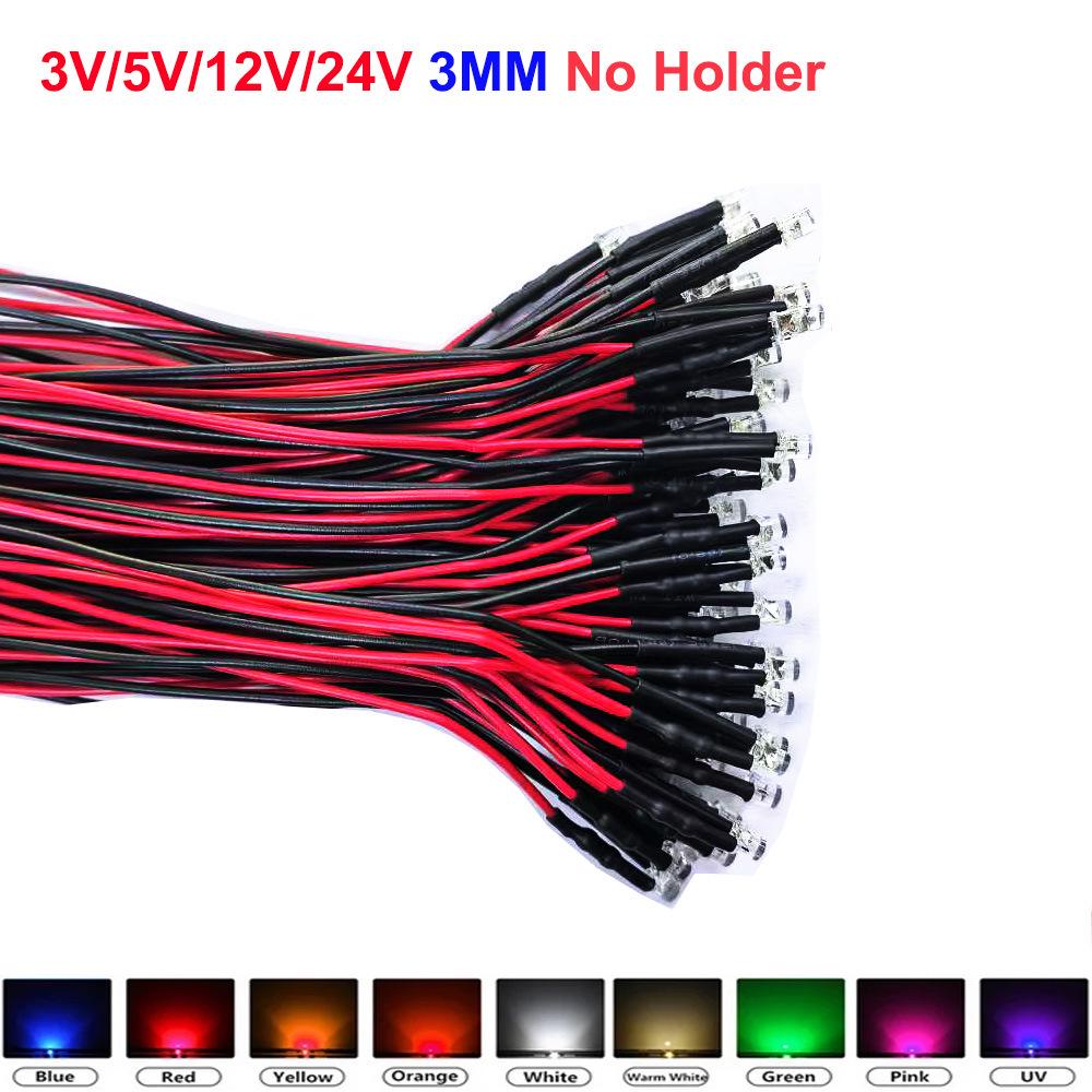 F3/5mm Flat Head Transparent Diffuse LED Signal Indicator with Wires, 3V-24V