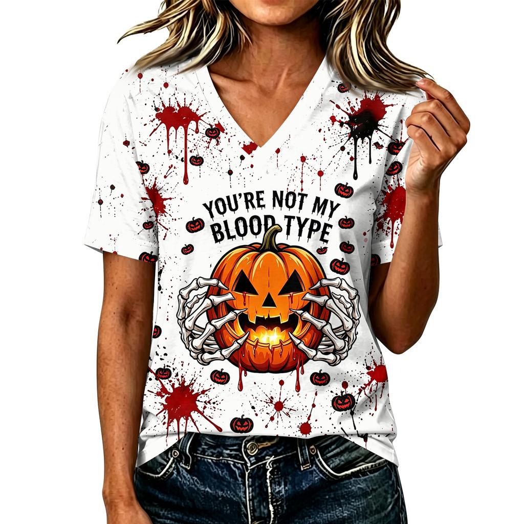 Women's Casual V-Neck Top with Halloween Print for Fall Festive Wear