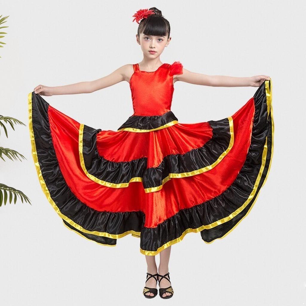 Mädchen Farbblock Tanzkleid Asymmetrische Schulter Stufenrüschen Weiter Saum Flamenco Kostüm Kopfbedeckung
