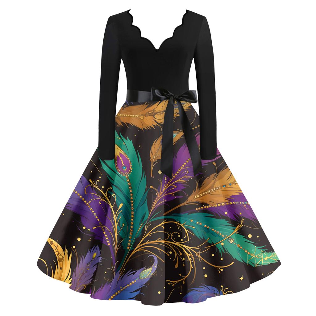 Women's Casual Fashion V Neck Long Sleeve Printed Vintage Long Dress