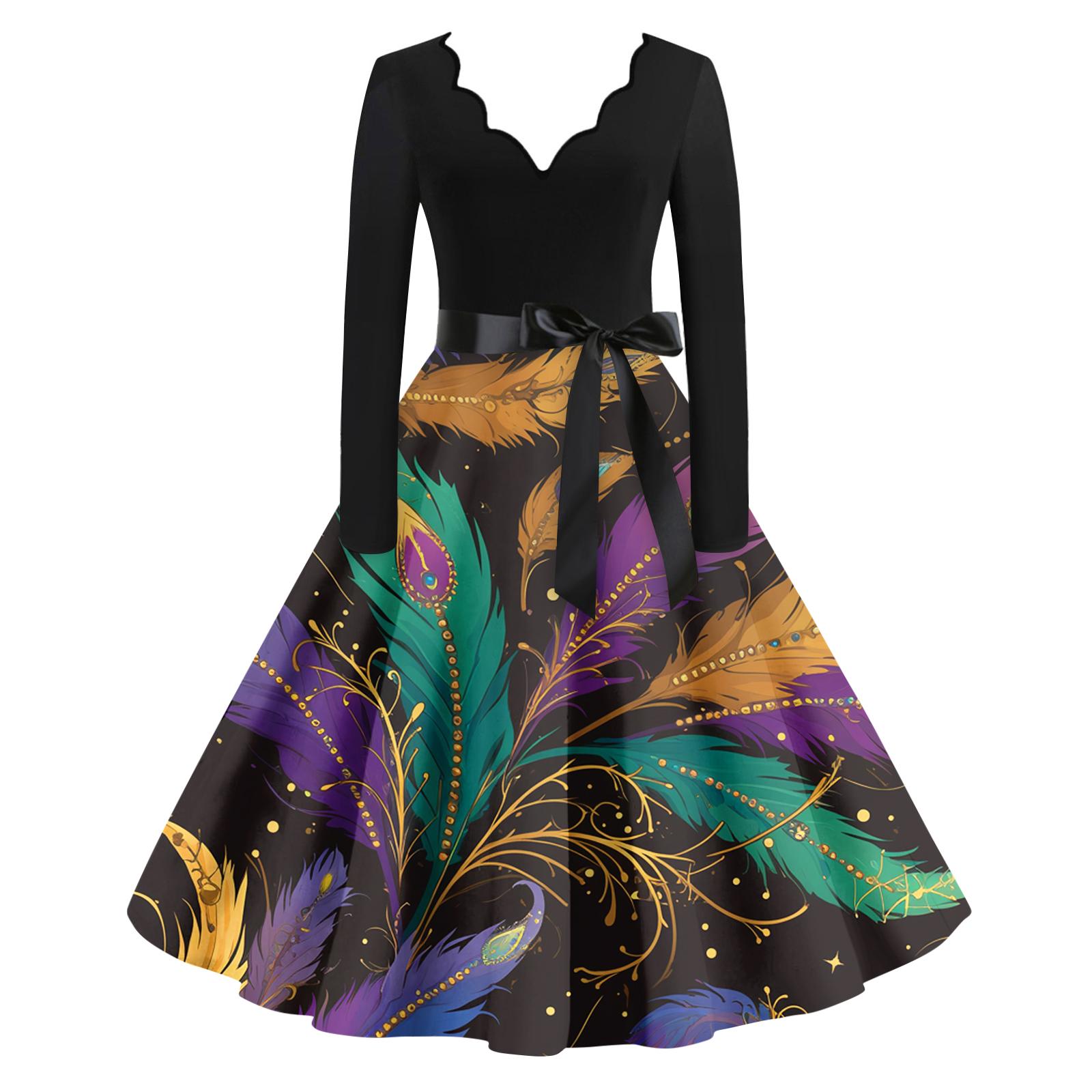 

Женское повседневное модное платье с V-образным вырезом и длинным рукавом с принтом в винтажном стиле XL