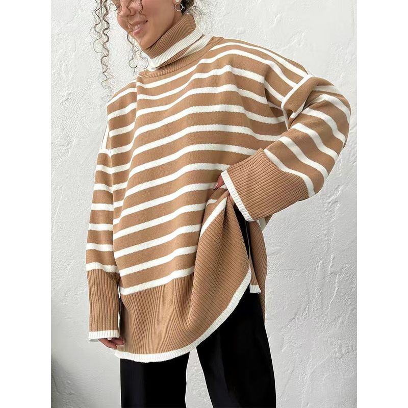 

Fashion New Arrival Fashion Stripes Knitting Sweater Loose High Collar Tops Loose High Neck Sweater Khaki L
