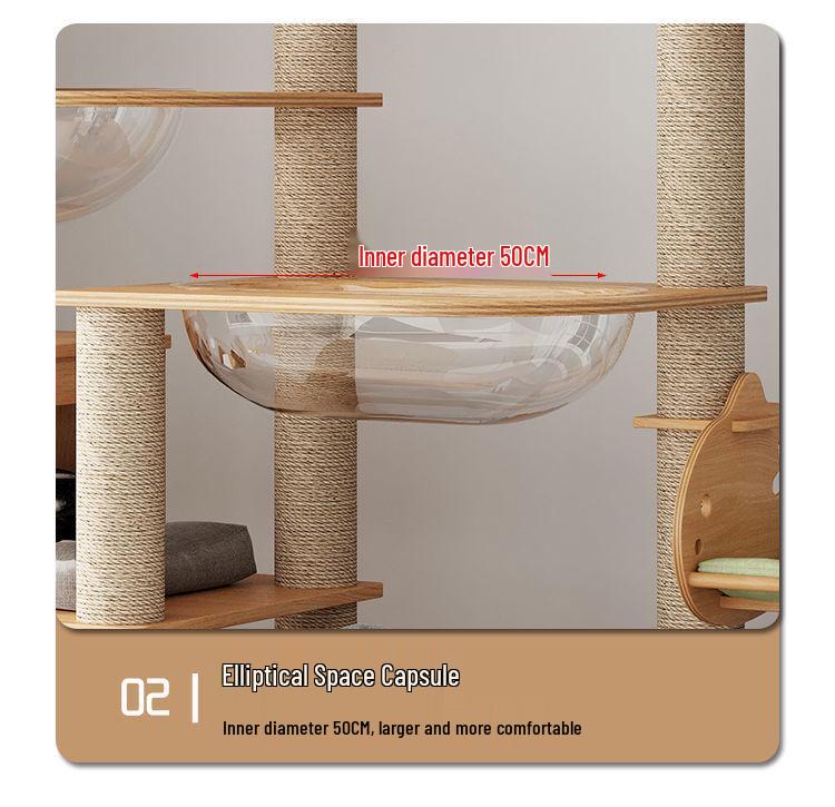 Large Solid Wood Cat Tree with Space Capsule, Plus Size Scratching Post & Board, Floor-to-Ceiling Multi-Season Toy, Wear-Resistant.