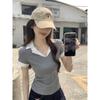 Kumikumi Casual Temperament Contrast Color Suit Collar Short Sleeve T-shirt Women Summer Slim Fit Slimming Versitile Fashion Top