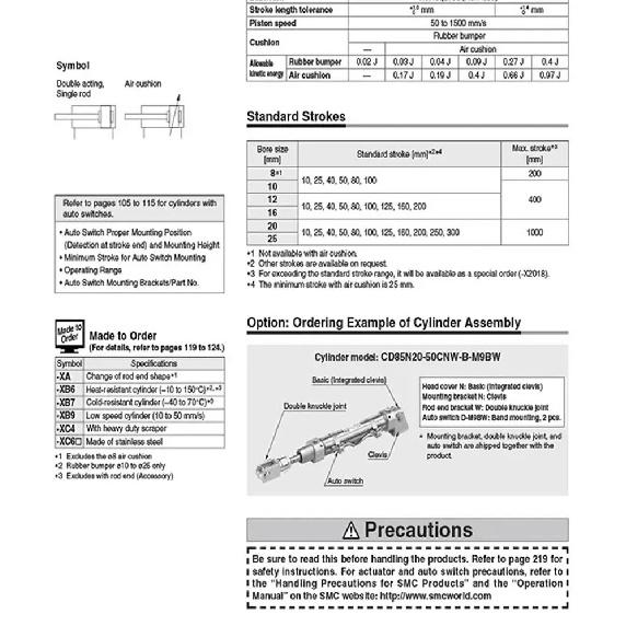 SMC Type CD85N/C85N10 12 16 20 25 ISO Standards Pneumatic Air Standard Single Rod Mini Cylinder Double Acting Stroke 10-225mm