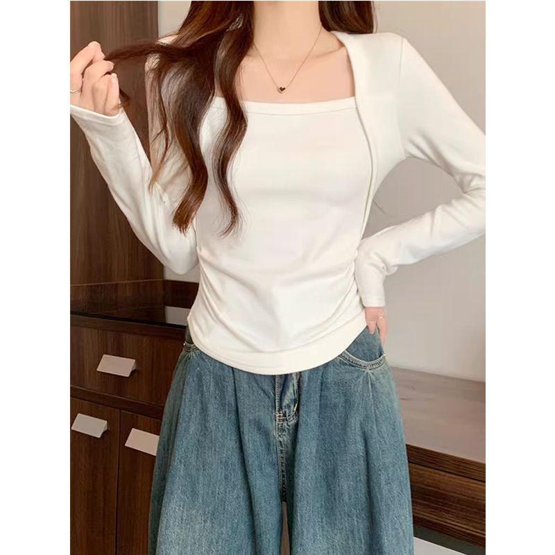 Long Sleeve Square Neck Slim Fit Clavicle Top with Velvet Lining for Women's Autumn/Winter