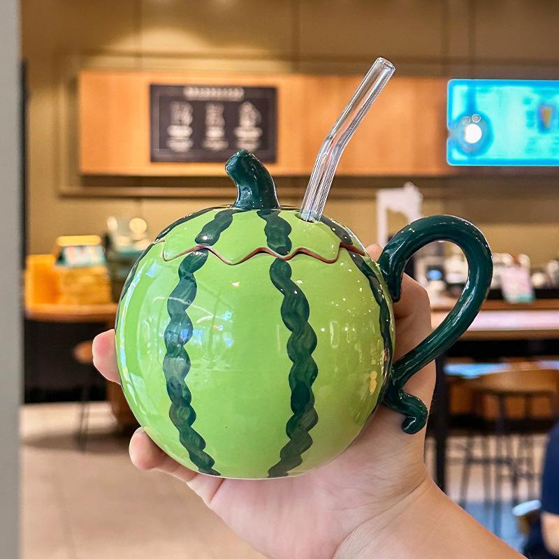 

High-value cute watermelon mug couple high-value ceramic drinking cup with lid birthday gift box 401-500ml