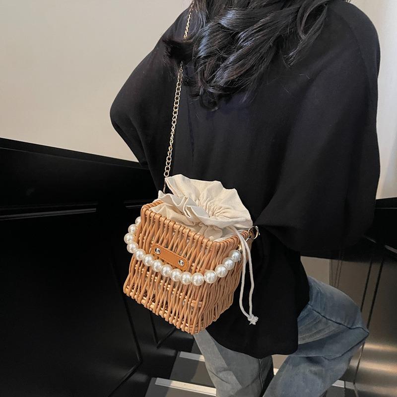 Woven Small Bag Women's Spring and Summer New Niche Pearl Chain Messenger Bag Rattan Seaside Beach Bag
