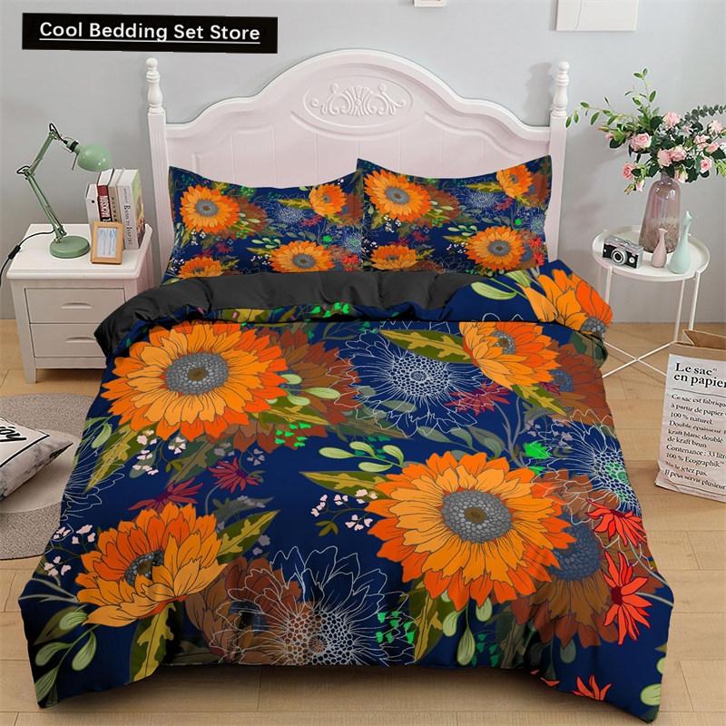 3D Sunflower King Queen Duvet Cover Yellow Flowers Bedding Set  Floral Green Leaves Comforter Cover 2/3pcs Polyester Quilt Cover